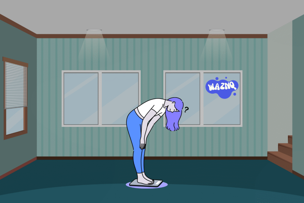 man checking weight scale during diet plateau